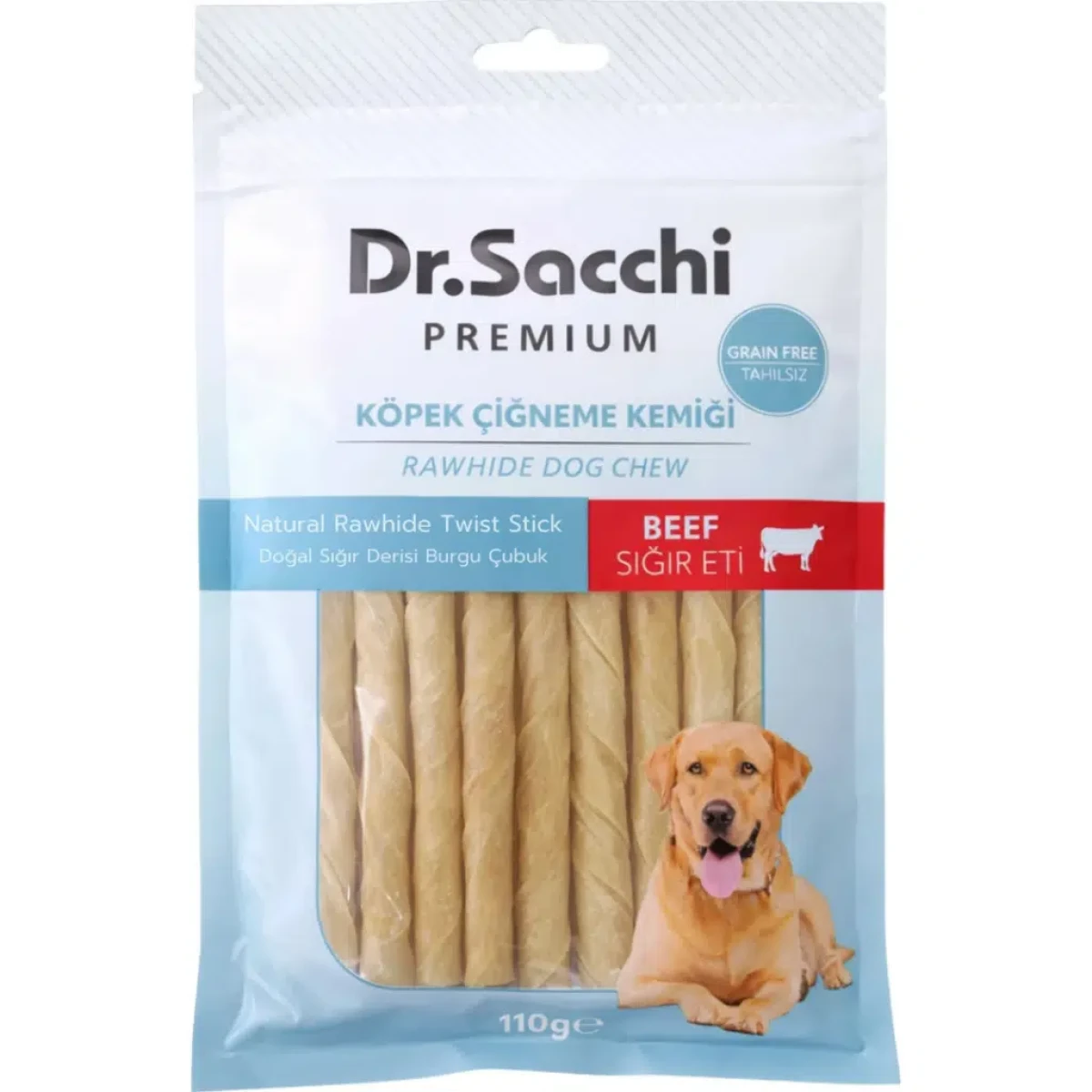 Dr.Sacchi Premium Sığır Etli Doğal Sığır Derisi Burgu Çubuk Tahılsız Köpek Ödülü 15 Li 110 Gr