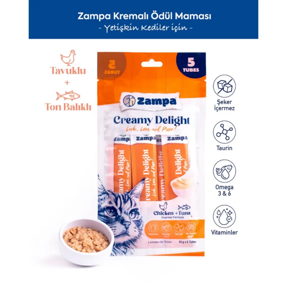 Zampa Creamy Delight Tavuklu ve Ton Balıklı Krema Kedi Ödülü 5x16 Gr