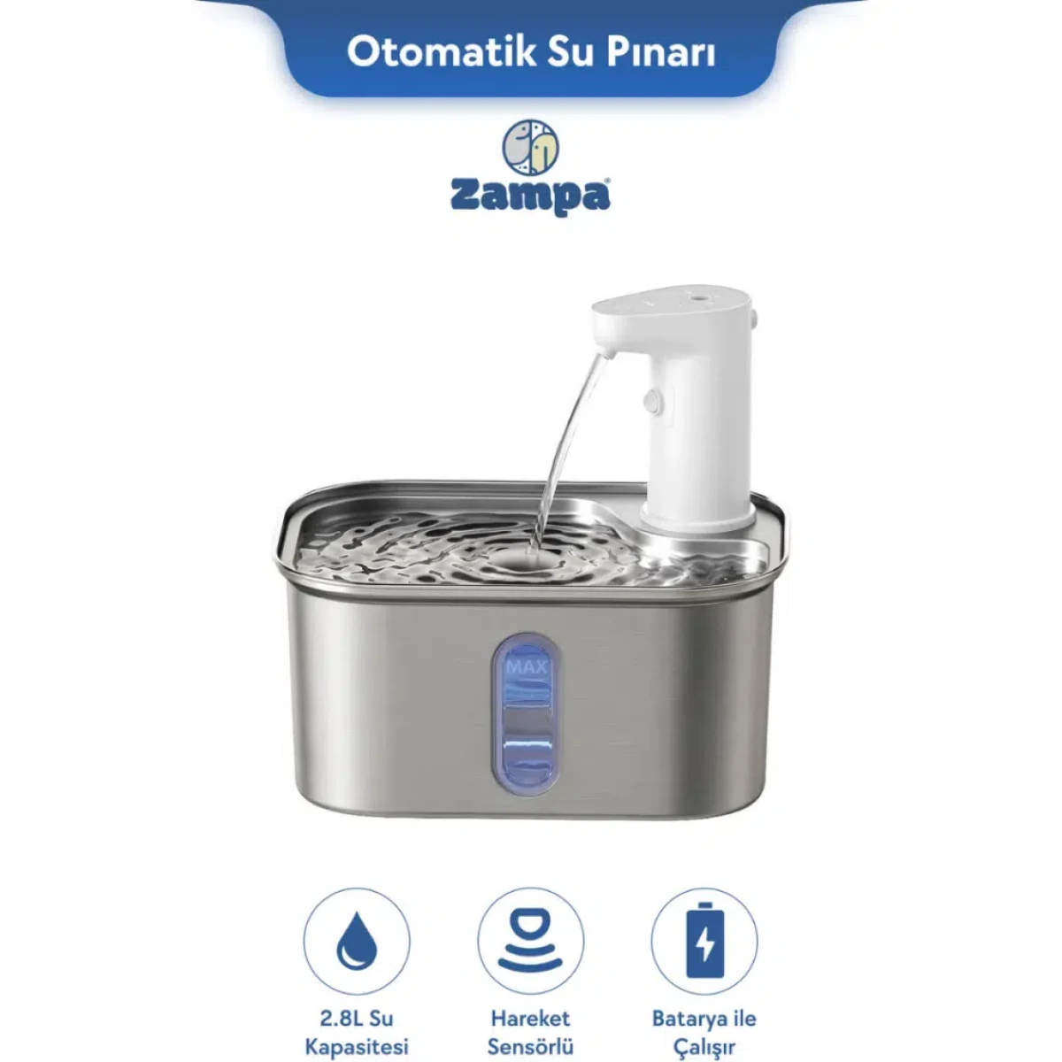 Zampa Kedi ve Köpekler İçin Kare Sensörlü Bataryalı Çelik Otomatik Su Pınarı 2.8 Litre