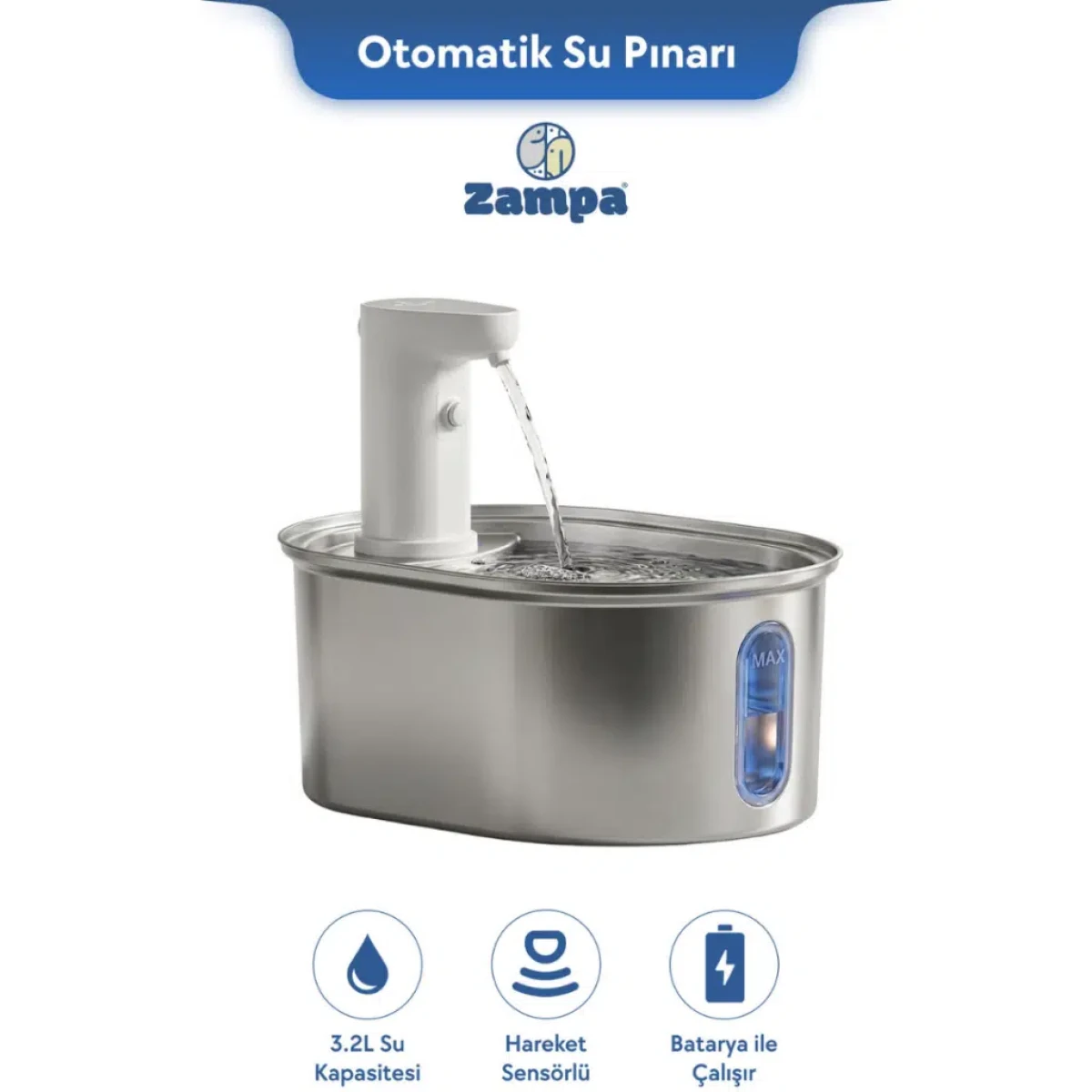 Zampa Kedi ve Köpekler İçin Oval Sensörlü Bataryalı Çelik Otomatik Su Pınarı 3.2 Litre