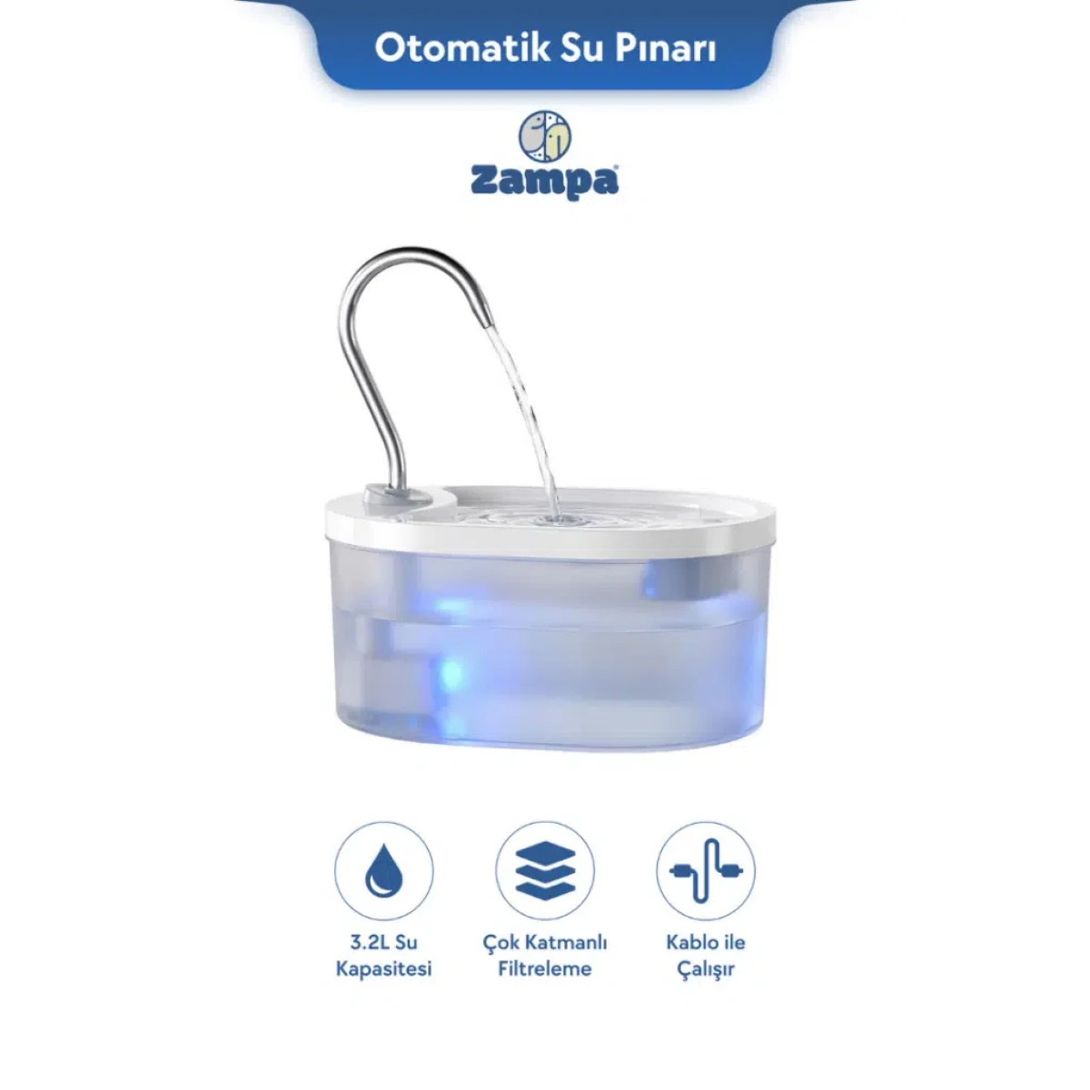 Zampa Kedi ve Köpekler İçin Oval Otomatik Su Pınarı 3.2 Litre